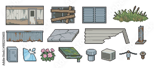 Pixel art game asset set of abandoned objects for a derelict scene, including a decaying trailer, boarded window, rusty metal, cracked concrete, and overgrown vegetation