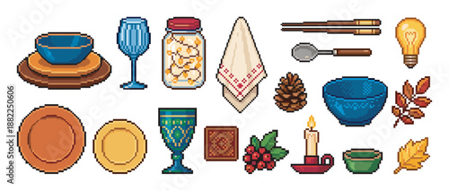 Pixel art set of cozy home items for a festive dinner, including tableware, a candle, a pinecone, and autumn leaves in a retro 8-bit video game style illustration