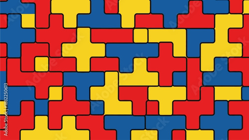 Vibrant abstract geometric pattern featuring interlocking shapes in red, blue, and yellow hues from a direct viewpoint