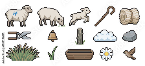 Collection of pixel art farming icons featuring sheep, a lamb, a shepherd's staff, shears, and other agricultural elements for a retro video game asset pack