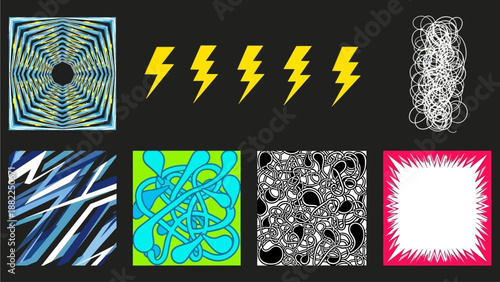 Abstract digital art elements, including geometric shapes, lightning symbols, and stylized patterns, displayed on a black background from a direct viewpoint.