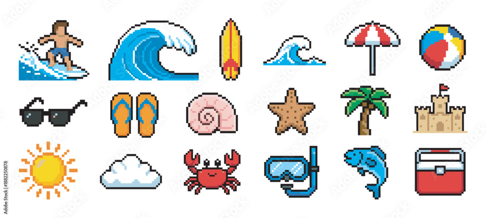 Obraz premium Collection of colorful pixel art icons featuring summer beach elements like a surfer, wave, sun, palm tree, sandcastle, and crab in a retro 8-bit video game style illustration
