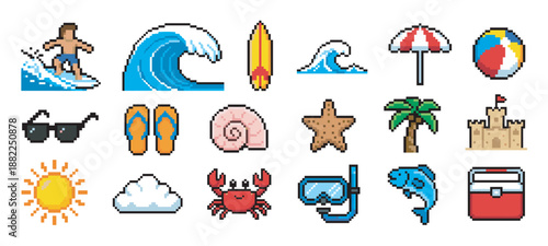Collection of colorful pixel art icons featuring summer beach elements like a surfer, wave, sun, palm tree, sandcastle, and crab in a retro 8-bit video game style illustration