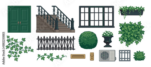 Collection of illustrated architectural elements including a door, stairs, window, fence, and various plants for exterior design, presented in a clean, classic vector style