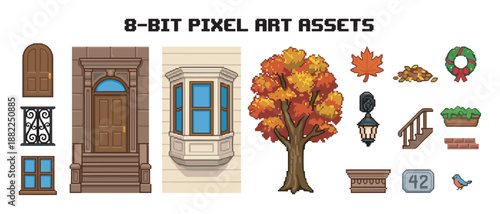 Collection of detailed 8-bit pixel art game assets featuring urban architectural elements and seasonal decorations like an autumn tree, fallen leaves, and a festive holiday wreath