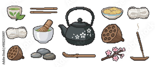 Pixel art set of traditional Japanese tea ceremony and cultural icons featuring a teapot, matcha, noodles, incense, and cherry blossoms in a charming 8-bit retro style