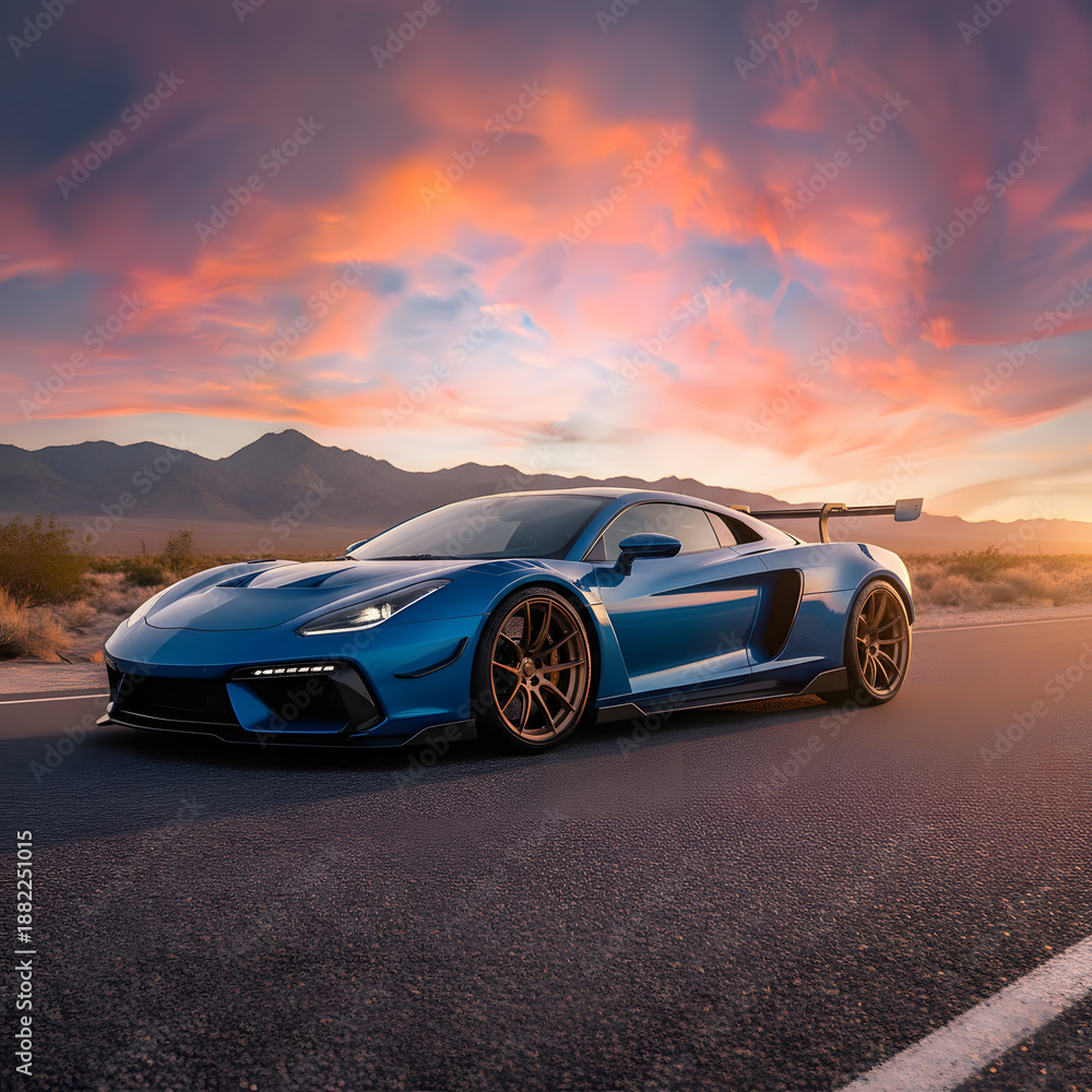 Obraz premium Modified blue performance supercar driving on an open desert road during a dramatic sunset