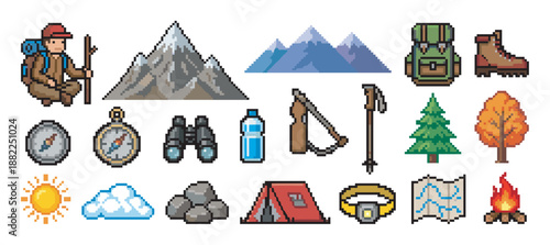 Set of pixel art hiking icons for outdoor adventure includes a hiker, mountain, tent, compass, and backpack in a retro 8-bit video game style for a travel concept