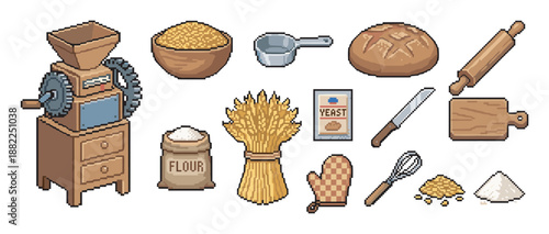 Set of pixel art icons for baking bread, including a grain mill, wheat, flour, yeast, and various kitchen utensils in a retro 8-bit video game style illustration