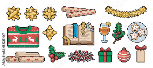 Large set of Christmas holiday pixel art illustrations with a festive sweater, presents, ornaments, tinsel, and treats in a classic 8-bit video game style