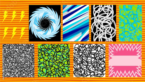 Collage of abstract patterns and designs displayed in a grid layout on a vibrant orange background from a direct viewpoint