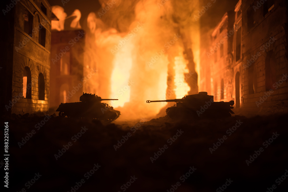 Fototapeta premium War Concept. Military silhouettes fighting scene on war fog sky background, World War Soldiers Silhouette Below Cloudy Skyline At night. Battle in ruined city.