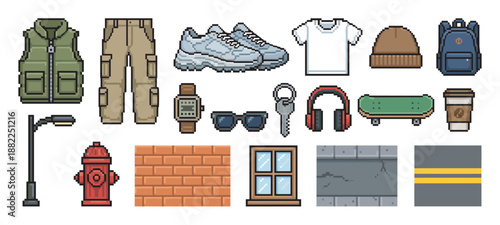 Pixel art icon set of urban street style clothing, accessories, and city elements in a retro 8-bit video game design, featuring a vest, sneakers, skateboard, and fire hydrant