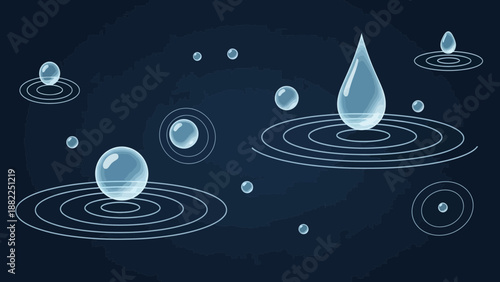 Abstract water drops and bubbles creating ripples on a dark blue background