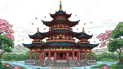 An ornate, multi-tiered pagoda temple with intricate details stands majestically beside a serene pond with falling petals.