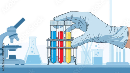 Hand in glove carefully holding test tubes with colorful liquids in a science laboratory setting.