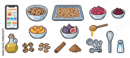 Pixel art icon set of granola ingredients for a healthy breakfast recipe, including oats, berries, nuts, honey, and kitchen utensils in a retro 8-bit video game style illustration