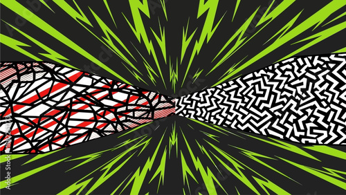 Dynamic abstract illustration of patterns and shapes exploding from center, showcasing vibrant colors and geometric designs