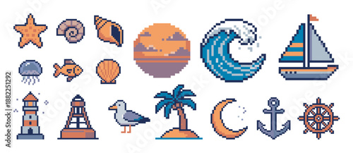 Collection of nautical pixel art icons including a starfish, seashell, sailboat, wave, and lighthouse in a charming 8-bit retro video game style