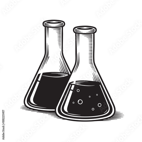 Set of Two Erlenmeyer Flasks Containing Chemical Liquid and Bubbles, Vintage Scientific Illustration