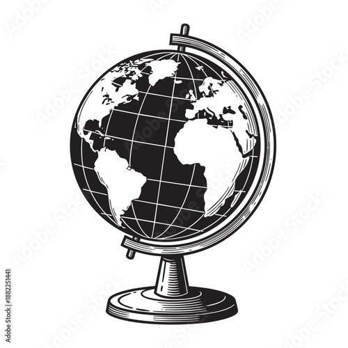 Detailed Engraving of a Terrestrial Globe on a Stand, Symbolizing Geography, Travel, Education, and World Map Concepts