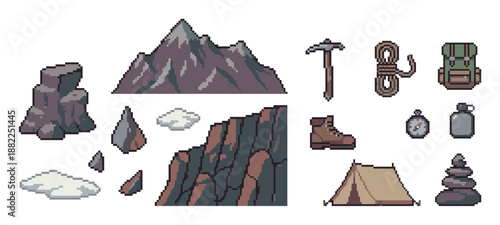 Pixel art set of mountain climbing and hiking equipment featuring a tent, backpack, pickaxe, rope, and compass in a retro 8-bit video game asset style