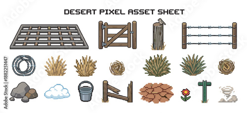Pixel art game asset sheet with desert and farm elements like a fence, gate, cactus, rocks, and tumbleweed for a retro 8-bit video game development project