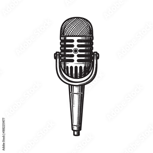 Retro Studio Microphone Illustration in Detailed Woodcut Engraving Style for Podcasting and Broadcast Themes