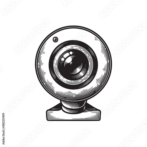 Vintage Style Webcam Engraving Vector Depicting Digital Communication, Video Calls, and Online Streaming Technology