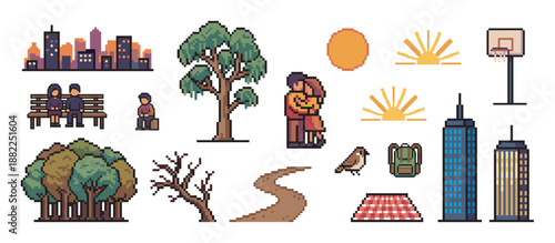 Diverse set of pixel art icons showing city life and nature, including skyscrapers, trees, couples on a bench, a basketball hoop, and a sun in a retro 8-bit style