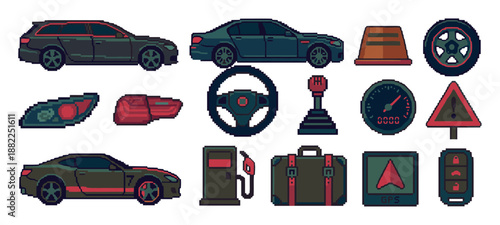 Set of pixel art car icons featuring vehicles, parts, and driving accessories in a retro 8-bit video game style with a dark, muted color palette and red accents