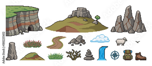 Set of pixel art nature and hiking icons including mountains, cliffs, a waterfall, a backpack, a compass, and a sheep, all rendered in a classic retro 8-bit video game style