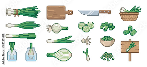Green onion and scallion pixel art icon set featuring whole vegetables, chopped pieces, a cutting board, knife, and basket in a classic 8-bit retro game aesthetic