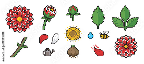 Set of pixel art gardening icons showing the life cycle of a red dahlia flower with a bee, sunflower, bulb, leaves, and watering can in a retro 8-bit video game style