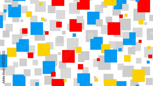 Vibrant geometric shapes scattered randomly across a digital canvas creating a dynamic abstract composition