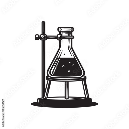 Scientific Engraving of Laboratory Flask and Stand: Chemistry Experiment and Research Symbol.
