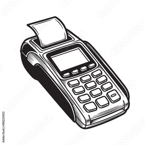 Point of Sale Terminal Device Engraving Style Vector Illustration for Payment and Transaction Concepts
