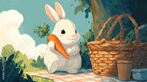 Wallpaper Mural Cute rabbit white bunny carrot picnic wicker basket cartoon illustration nature sunlight meadow Cute rabbit white bunny holding carrot picnic near wicker basket tree sunny meadow, gentle playful Torontodigital.ca