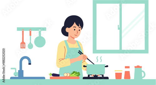 Flat Vector Illustration of Japanese Woman Cooking at Home Kitchen, Daily Lifestyle and Food Culture of Japan