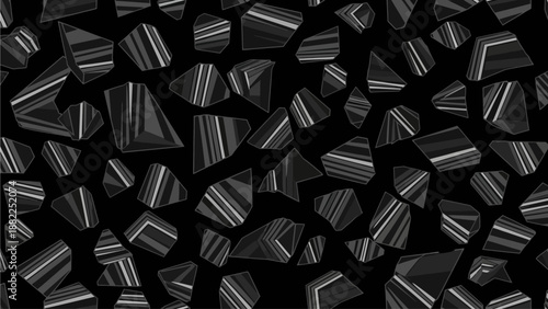 Geometric shapes scattered randomly in a dark environment viewed from directly above