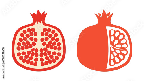 Illustration of pomegranate fruit cut open to reveal seeds, showcasing vibrant red color and detailed design from a straightforward viewpoint