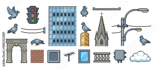 Collection of urban city pixel art elements including buildings, pigeons, a traffic light, and a lamppost, designed in a retro 8-bit video game style for creative projects