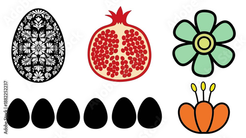 Easter-themed illustrations featuring eggs, pomegranate, flower, and chick, arranged in a flat lay composition on a plain white background from a top-down viewpoint