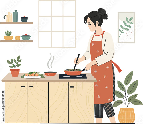 Flat Vector Illustration of Japanese Woman Cooking in Traditional Kitchen, Home Lifestyle and Food Culture of Japan