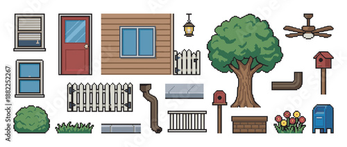 Pixel art collection of house and garden assets for video game development, featuring a door, window, tree, fence, and mailbox in a retro 8-bit sprite sheet style