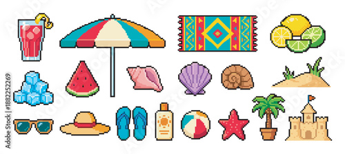 Pixel art collection of summer beach icons featuring a sandcastle, umbrella, cocktail, watermelon, sunglasses, and seashells in a colorful retro 8-bit video game style
