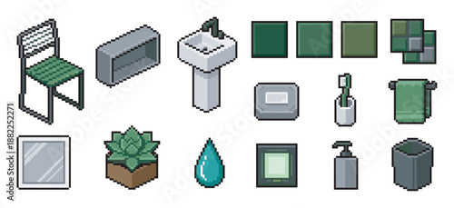Pixel art set of bathroom furniture and hygiene accessories showing a sink, chair, towel, soap, and plant in a retro 8-bit video game style for digital asset creation