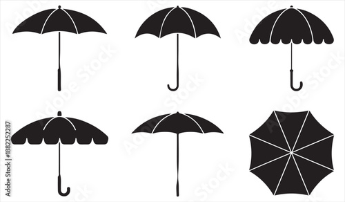 Black umbrella silhouette icons collection isolated on white background