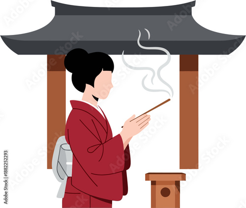 Flat Vector Illustration of Japanese Woman Praying at Shrine, Spiritual Ritual and Religious Culture of Japan