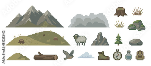 Pixel art collection of nature and hiking icons featuring mountains, a sheep, a bird, and outdoor adventure equipment for a retro video game asset pack